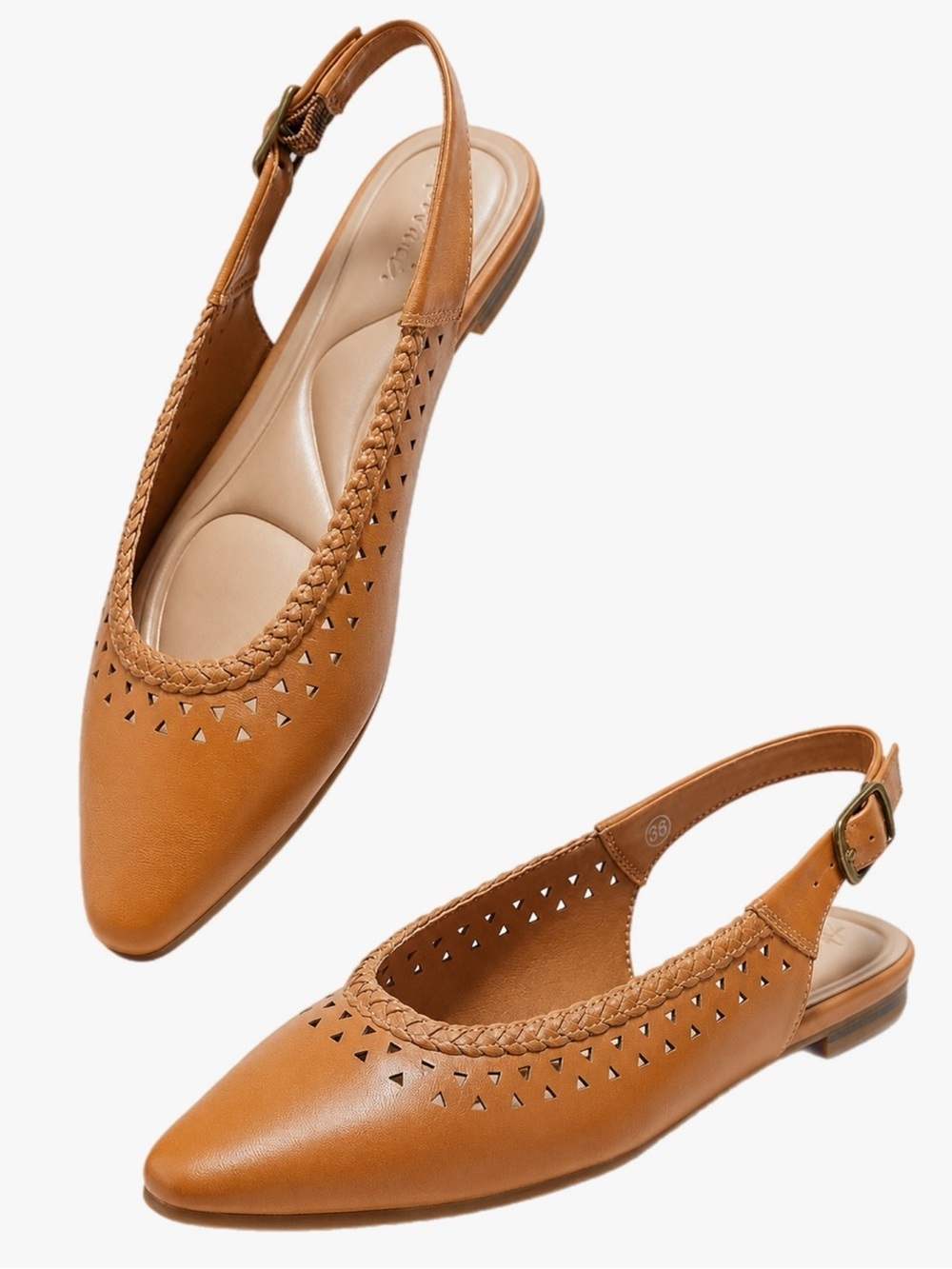 Arromic Chestnut Slingback Flats Pointed Toe Cutout Braided New Size 7